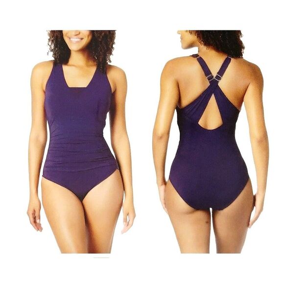 Lands' End Ruched Tummy Flattering UPF 50 Crossback Swimsuit Purple, Size S NWT - Picture 1 of 13